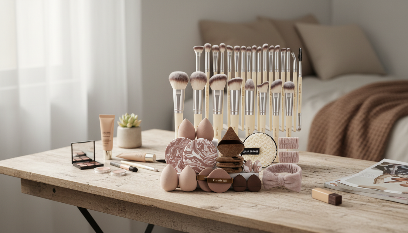 45-Piece Makeup Brush & Puff Set: Face + Eye Guide