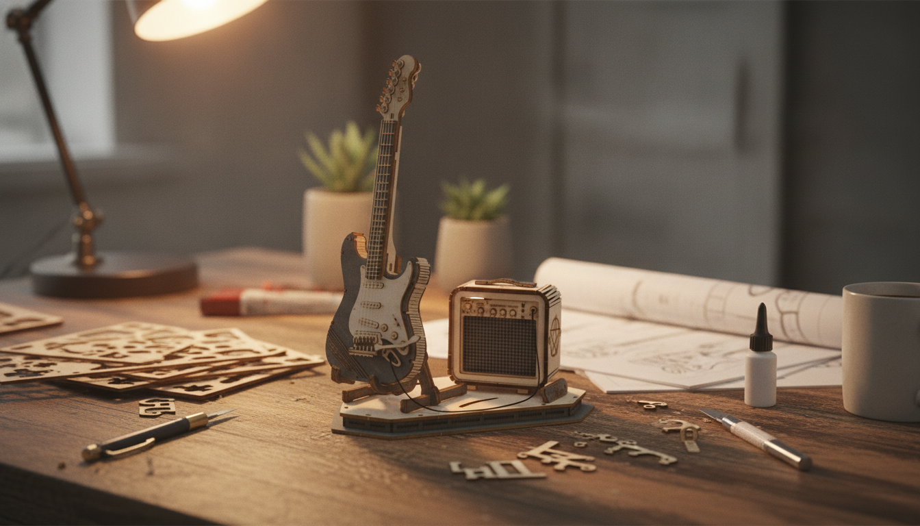 Electric Guitar 3D Wooden Puzzle Kit for Desk Decor